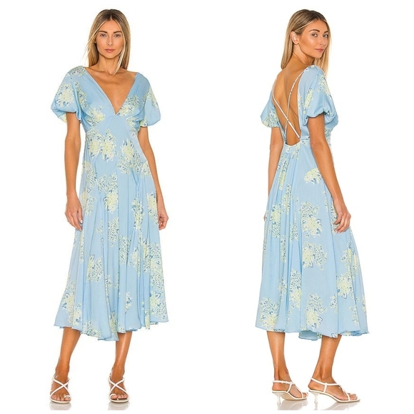 Free People Revolve Laura Blue Floral Print Satin Strappy Open Back Midi Dress - Picture 2 of 12